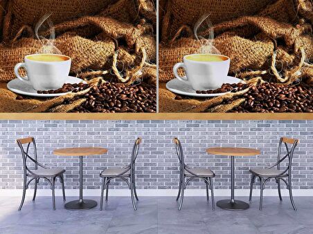 Fincan ve Kahve Çekirdeği Temalı Cafe Duvar Kağıdı Baskı