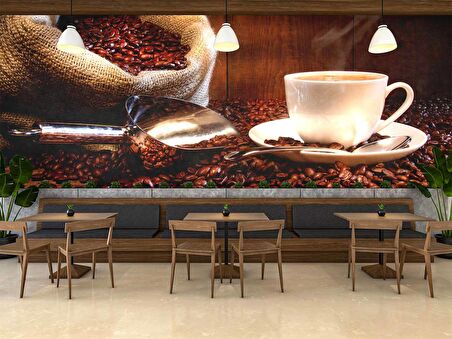 Fincan ve Kahve Çekirdeği Temalı Cafe Duvar Kağıdı Baskı