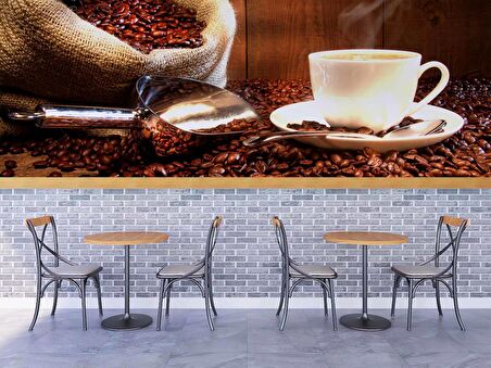 Fincan ve Kahve Çekirdeği Temalı Cafe Duvar Kağıdı Baskı