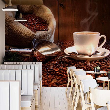 Fincan ve Kahve Çekirdeği Temalı Cafe Duvar Kağıdı Baskı