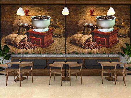 Kahve Öğütme Makineli Cafe Duvar Kağıdı Baskı