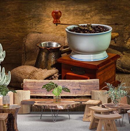 Kahve Öğütme Makineli Cafe Duvar Kağıdı Baskı