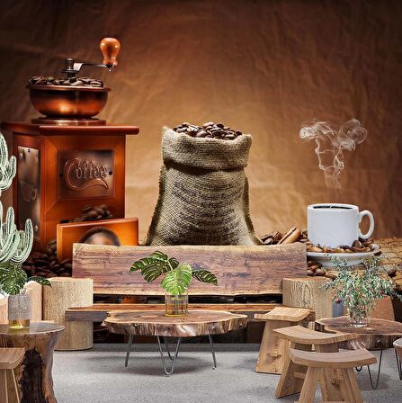 Kahve Öğütme Makineli Cafe Duvar Kağıdı Baskı