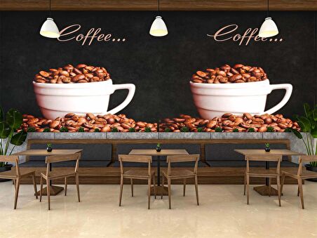 Kahve Fincanlı Cafe Duvar Kağıdı Baskı