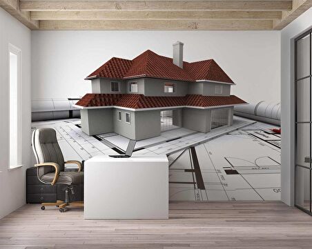 Mimari Ev Çizim Emlak ve Gayrimenkul Duvar Kağıdı Baskı