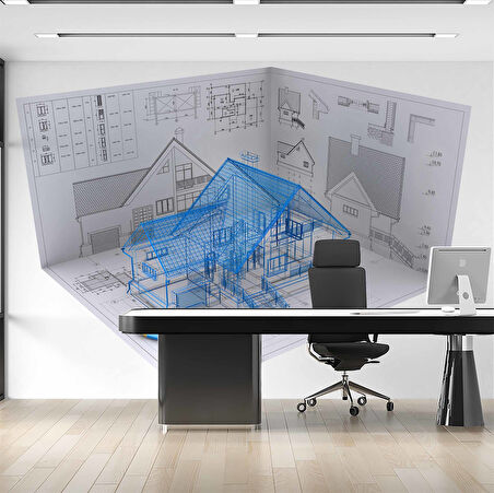 Mimari Ev Çizimli Gayrimenkul Emlak ve Gayrimenkul Duvar Kağıdı Baskı
