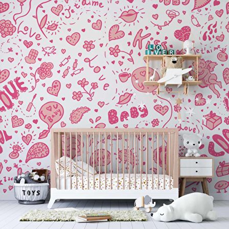 Pembe Kalp Desenli Duvar Kağıdı Baskı