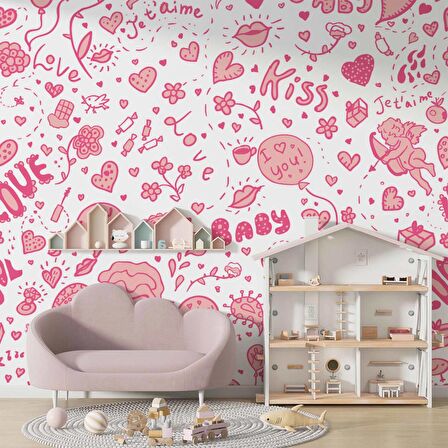 Pembe Kalp Desenli Duvar Kağıdı Baskı