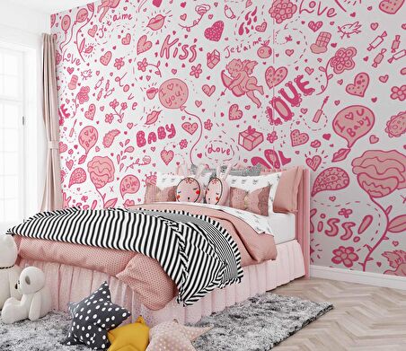 Pembe Kalp Desenli Duvar Kağıdı Baskı