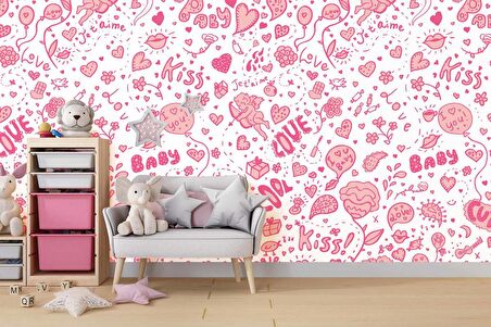 Pembe Kalp Desenli Duvar Kağıdı Baskı