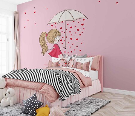 Kız Çizimi Çocuk Odası Duvar Kağıdı Baskı