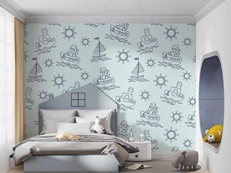 Gemi Figürlü Çocuk Odası Duvar Kağıdı Baskı