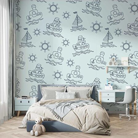 Gemi Figürlü Çocuk Odası Duvar Kağıdı Baskı