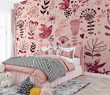 Kuş ve Çiçek Desenli Çocuk Odası Duvar Kağıdı Baskı