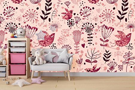 Kuş ve Çiçek Desenli Çocuk Odası Duvar Kağıdı Baskı