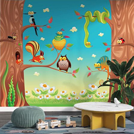 Sevimli Hayvan Figürlü Çocuk Odası Duvar Kağıdı Baskı