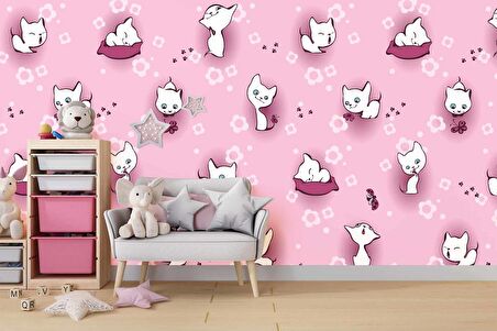 Pembe Kedili Çocuk Odası Duvar Kağıdı Baskı