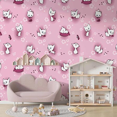 Pembe Kedili Çocuk Odası Duvar Kağıdı Baskı