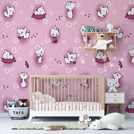 Pembe Kedili Çocuk Odası Duvar Kağıdı Baskı