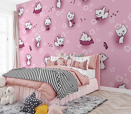 Pembe Kedili Çocuk Odası Duvar Kağıdı Baskı