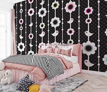 Kuşlu Çiçekli Çocuk Odası Duvar Kağıdı Baskı