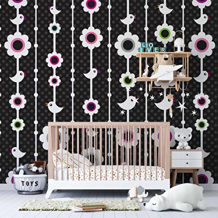 Kuşlu Çiçekli Çocuk Odası Duvar Kağıdı Baskı