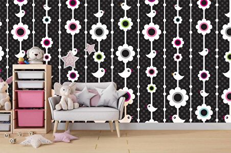 Kuşlu Çiçekli Çocuk Odası Duvar Kağıdı Baskı