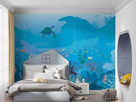 Mavi Su Altı Dünyası Çocuk Duvar Duvar Kağıdı Baskı