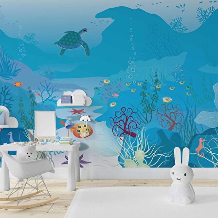 Mavi Su Altı Dünyası Çocuk Duvar Duvar Kağıdı Baskı