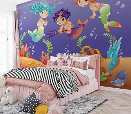 Su Altı Minik Yüzücüler Çocuk Duvar Duvar Kağıdı Baskı