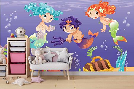 Su Altı Minik Yüzücüler Çocuk Duvar Duvar Kağıdı Baskı