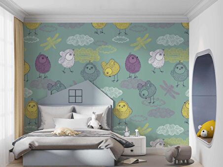 Şirin Kuş Desenli Çocuk Odası Duvar Kağıdı Baskı