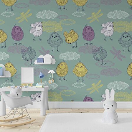 Şirin Kuş Desenli Çocuk Odası Duvar Kağıdı Baskı