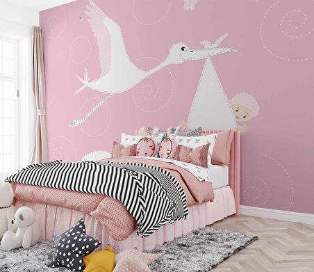 Bebek Getiren Leylek Çocuk Odası Duvar Kağıdı Baskı