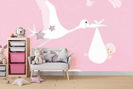 Bebek Getiren Leylek Çocuk Odası Duvar Kağıdı Baskı