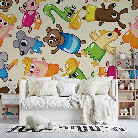 Sevimli Hayvan Figürlü Çocuk Odası Duvar Kağıdı Baskı