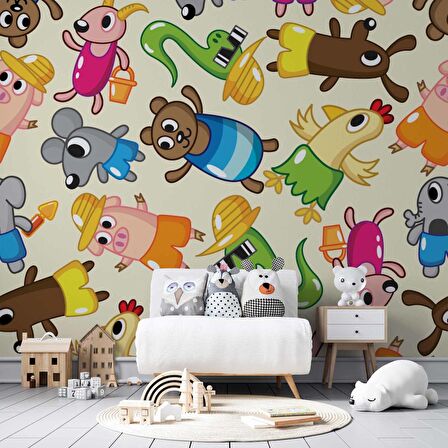 Sevimli Hayvan Figürlü Çocuk Odası Duvar Kağıdı Baskı