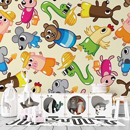 Sevimli Hayvan Figürlü Çocuk Odası Duvar Kağıdı Baskı