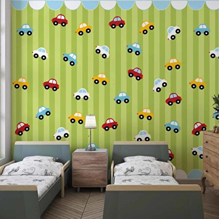 Renkli Arabalar Çocuk Odası Duvar Kağıdı Baskı