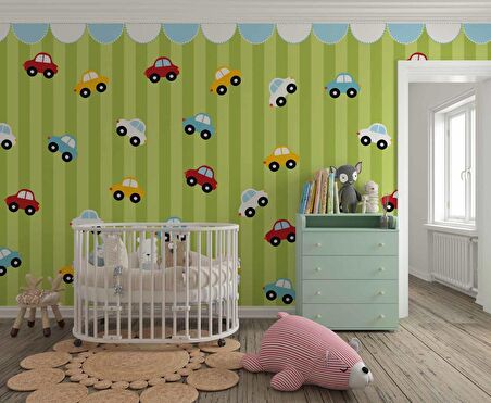 Renkli Arabalar Çocuk Odası Duvar Kağıdı Baskı