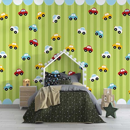 Renkli Arabalar Çocuk Odası Duvar Kağıdı Baskı