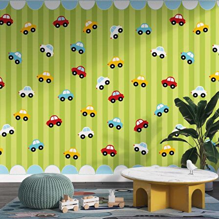 Renkli Arabalar Çocuk Odası Duvar Kağıdı Baskı