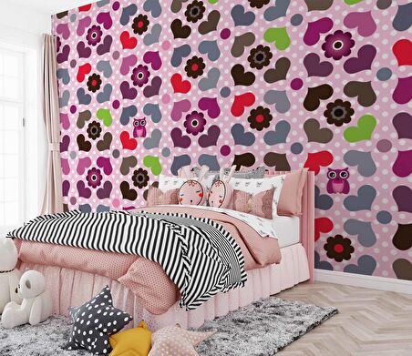 Kalp ve Çiçek Desenli Çocuk Çocuk Odası Duvar Kağıdı Baskı