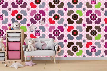 Kalp ve Çiçek Desenli Çocuk Çocuk Odası Duvar Kağıdı Baskı