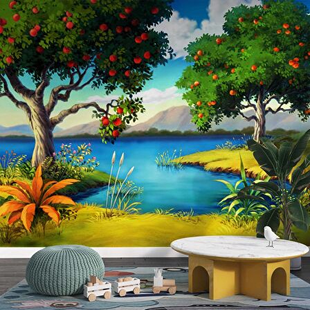 Meyve Ağacı ve Göl Manzaralı Çocuk Çocuk Odası Duvar Kağıdı Baskı