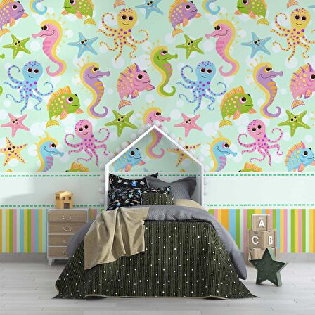 Deniz Atı ve Ahtapot Desenli Çocuk Odası Duvar Kağıdı Baskı