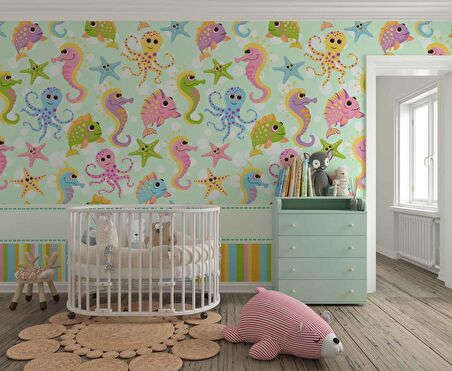 Deniz Atı ve Ahtapot Desenli Çocuk Odası Duvar Kağıdı Baskı