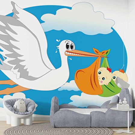 Bebek Getiren Leylek Çocuk Odası Duvar Kağıdı Baskı