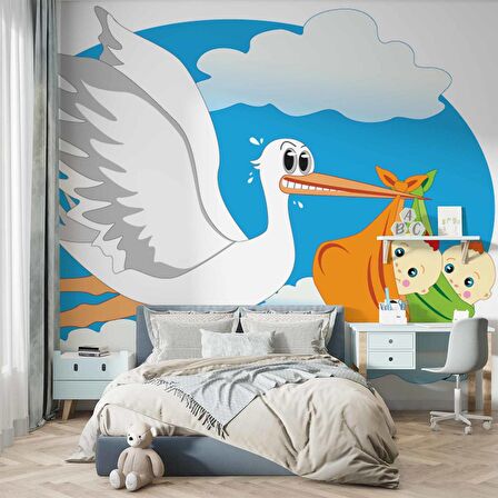 Bebek Getiren Leylek Çocuk Odası Duvar Kağıdı Baskı