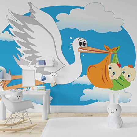 Bebek Getiren Leylek Çocuk Odası Duvar Kağıdı Baskı